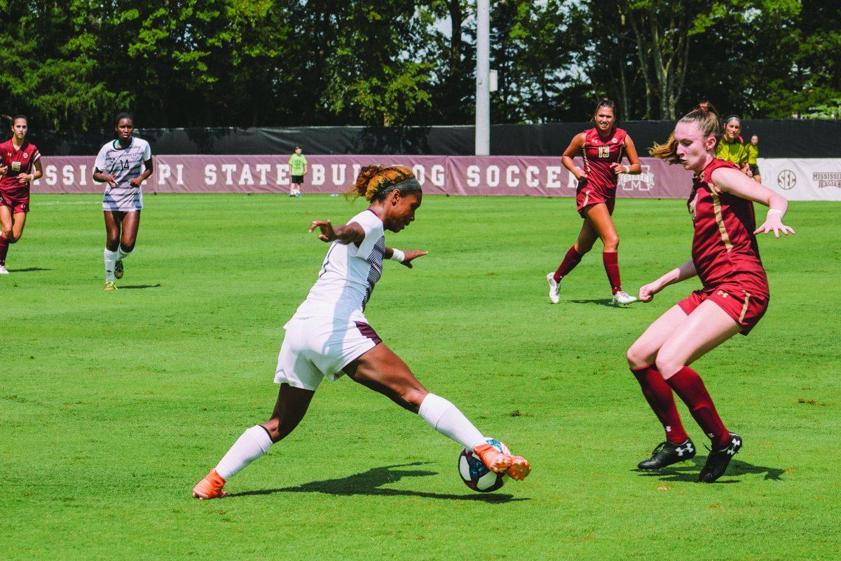 MSU forward Hailey Farrington-Bentil dribbles with the ball against Boston College on Sunday. The Bulldogs lost the game to the Eagles 2-0.