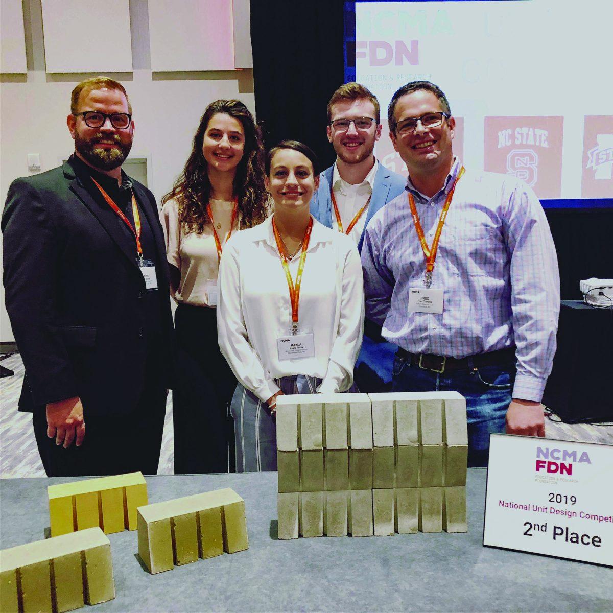 Pictured at the National Concrete Masonry Association 2019 midyear meeting are (left to right) professor Jacob A. Gines; architecture juniors Grace Sheridan, Kayla Perez and Joseph Thompson; and Fred Dunand, president of Saturn Materials LLC of Columbus.