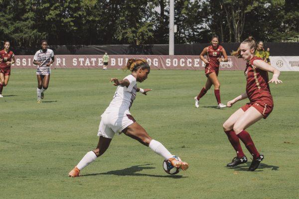 MSU forward Hailey Farrington-Bentil dribbles with the ball against Boston College on Sunday. The Bulldogs lost the game to the Eagles 2-0.
