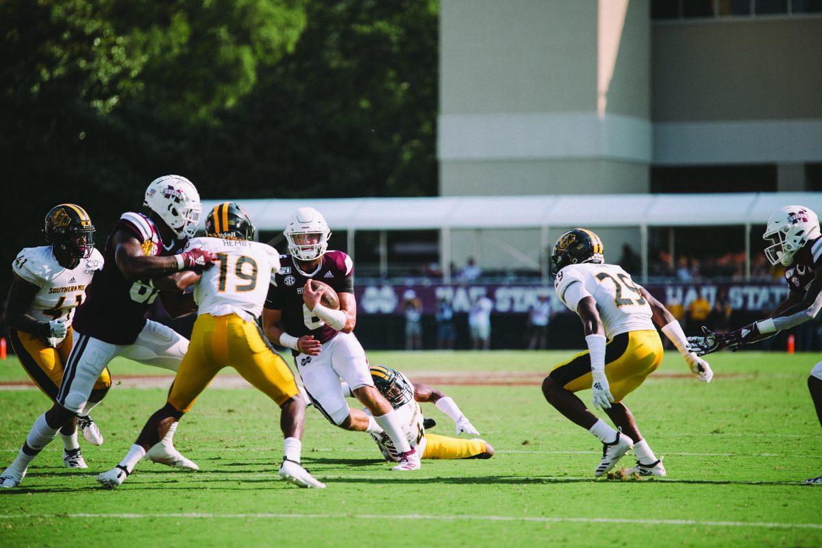 Garrett Shrader runs against USM&#8217;s defense. Shrader led MSU to a 38-15 win after coming in for Tommy Stevens, who is injured.