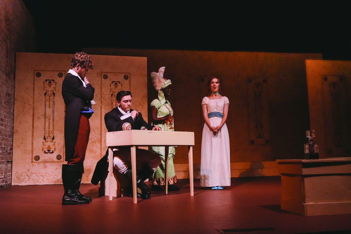 Tate Fancher as Mr. Bingley, Hayden Manning as Mr. Darcy, Brittany Page as Miss Bingley and Katelyn Mathis as Elizabeth Bennet play in Starkville Community Theatre’s “Pride and Prejudice.”