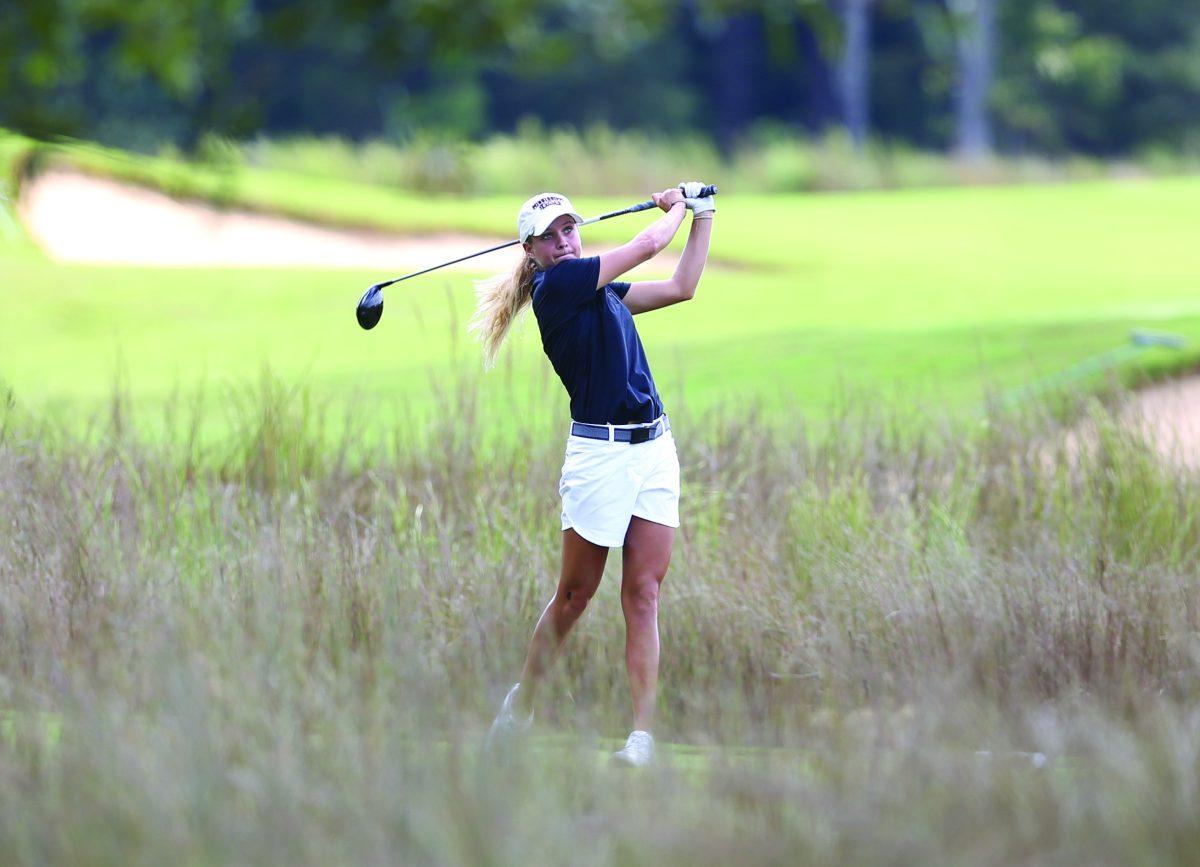 Aubree Jones tees off. Jones came in 5th place for MSU at the Mason Rudolph Invitational.