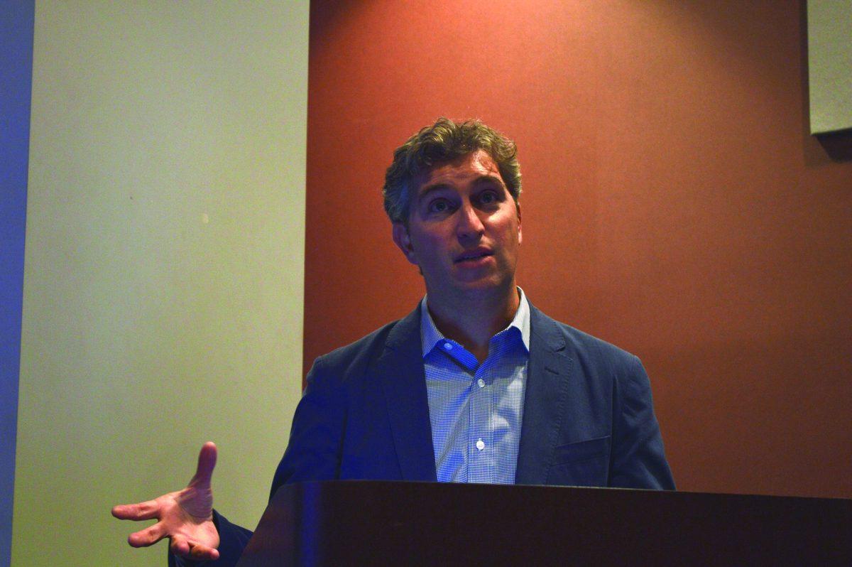 Journalist Andrew Blum spoke Thursday in Fowlkes Auditorium about the research behind his new non-fiction book, “The Weather Machine: A Journey Inside the Forecast.”