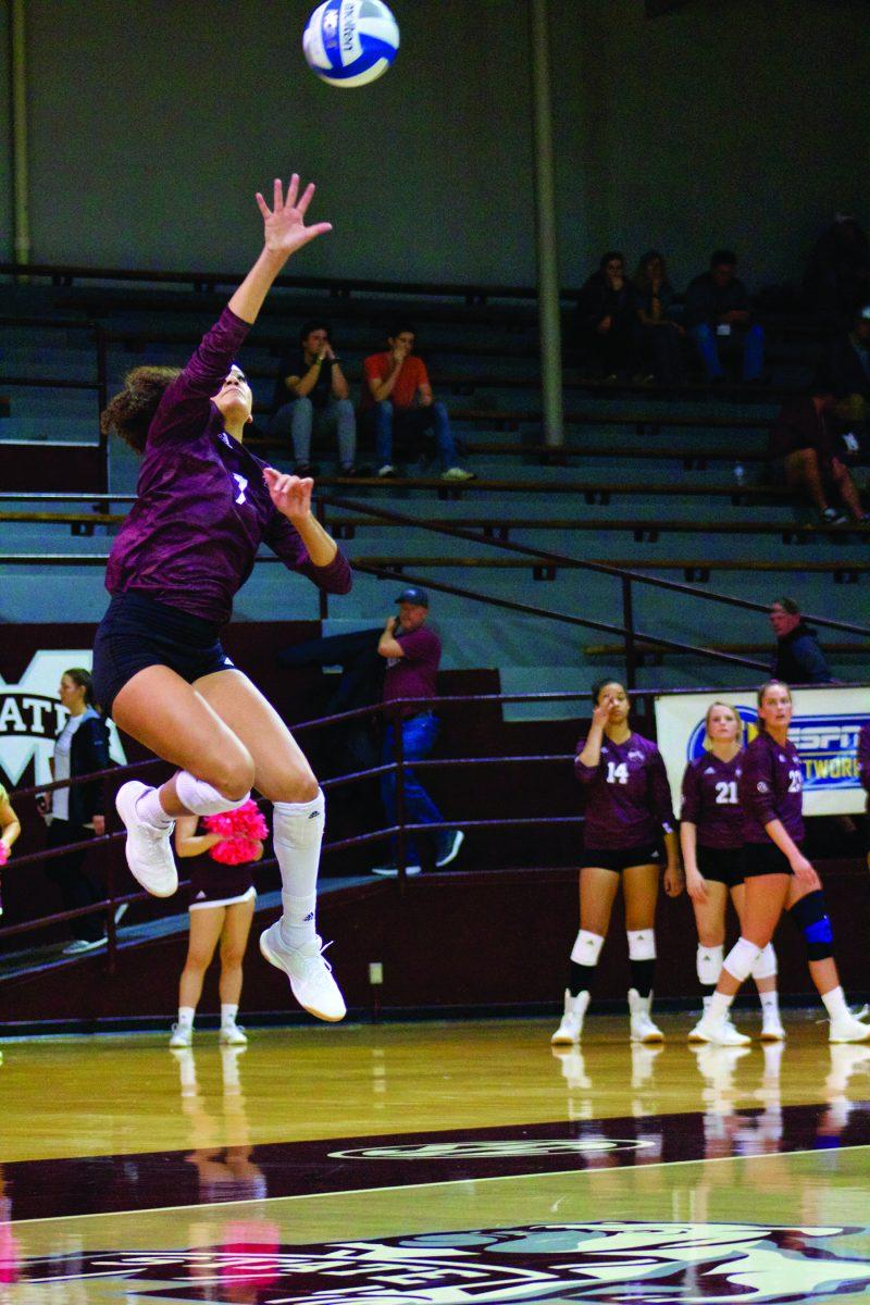 Alleah Stamatis serves the ball against Auburn. Stamatis had two serve assists in Friday’s game.