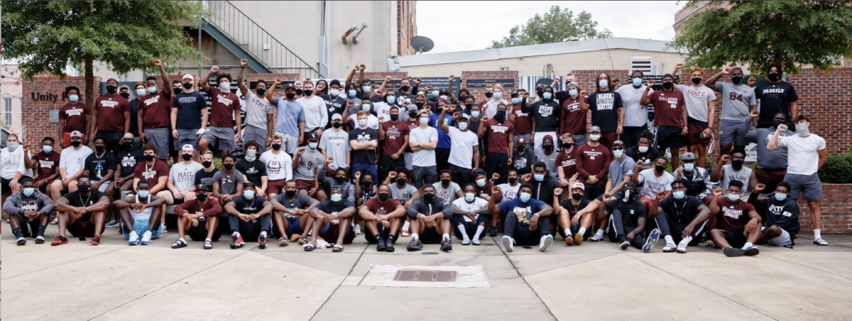 Senior Kylin Hill tweeted this image of his teammates after the Mississippi State University football team walked to Unity Park last week on August 27 instead of having their regularly scheduled practice in order to display their unity and support for racial equality. 