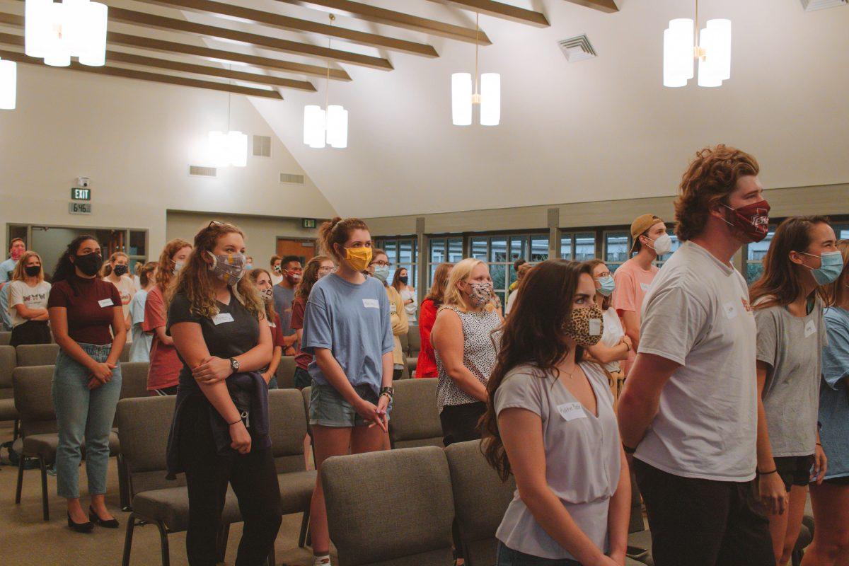Mississippi State University students gather at Grace Presbyterian Church to attend a Reformed University Fellowship (RUF) large group gathering.