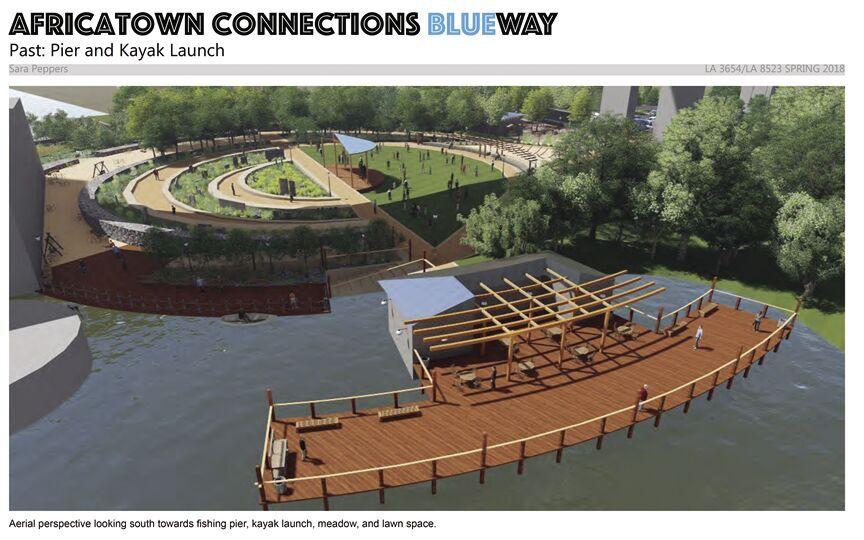 A CGI rendering of the kayak launch park on the Africatown Connections Blueway. This plan was recently awarded the Project Excellence Award.