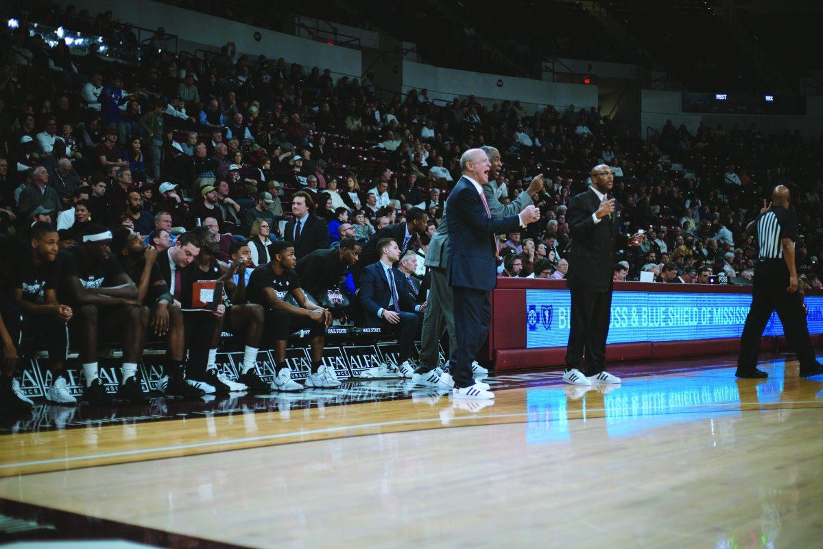 Ben Howland, head coach of Mississippi State University’s men’s basketball team, leads his Bulldogs by instructing them from the sidelines during a game in the 2019-2020 season between the Mississippi State University Bulldogs and the University of Arkansas Razorbacks.
