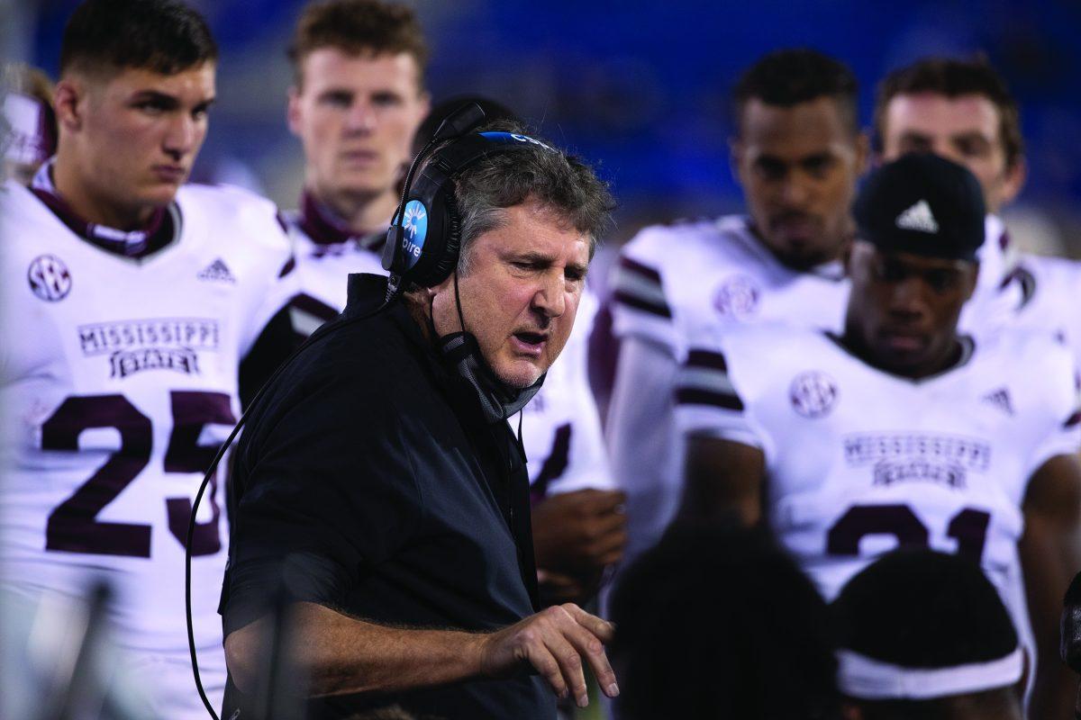 Mississippi State University’s Head Coach Mike Leach leads his Bulldogs during Saturday’s loss against the University of Kentucky. 