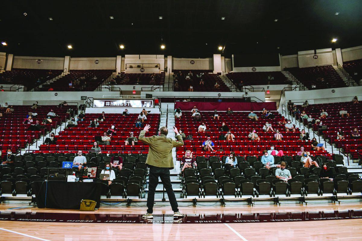 Professor Jim Giesen teaches his Modern U.S. History class on Tuesdays and Thursdays in the Humphrey Coliseum Arena. The Hump is just one of the many repurposed locations for classes.
