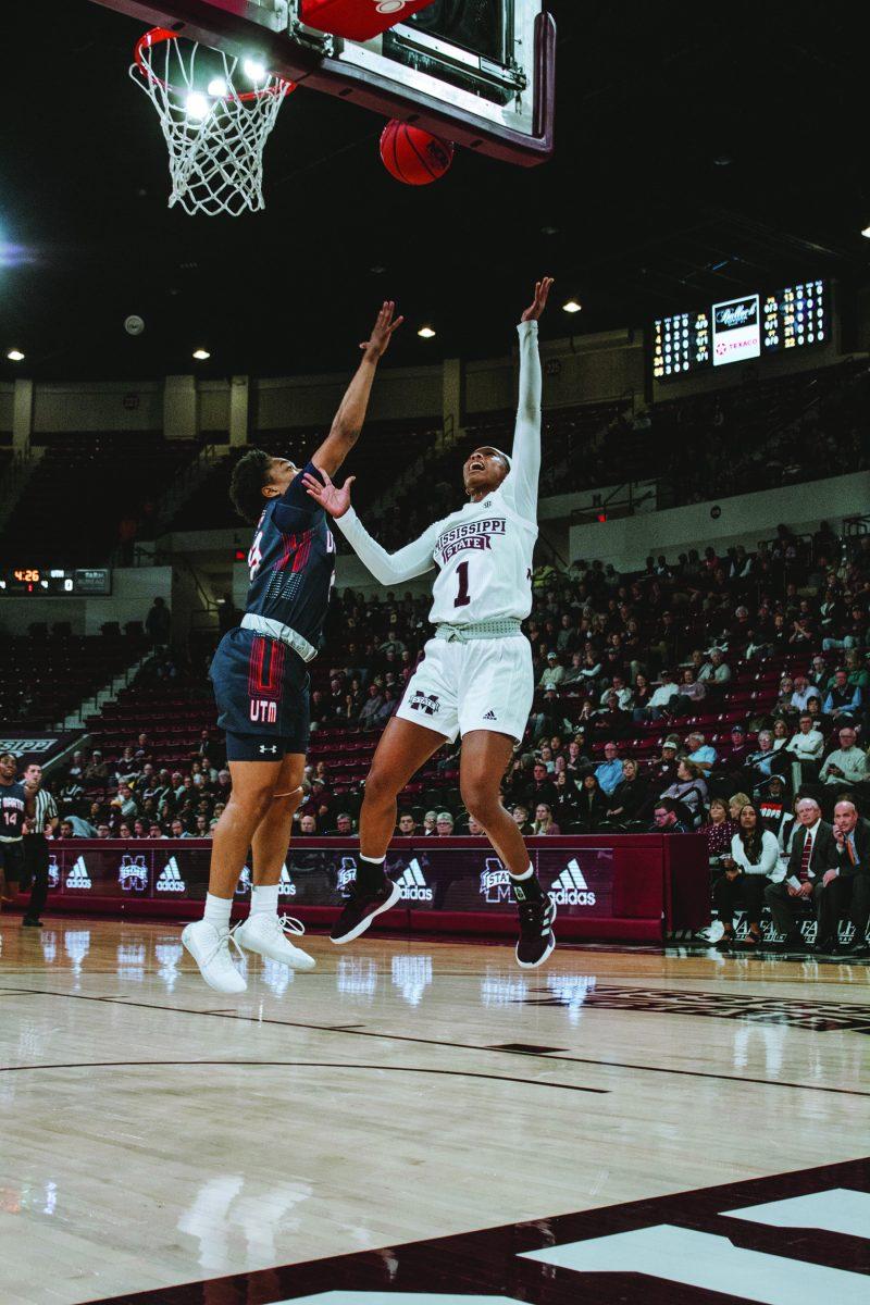 The women&#8217;s basketball team plays against the University of Tennessee at Martin in 2019.