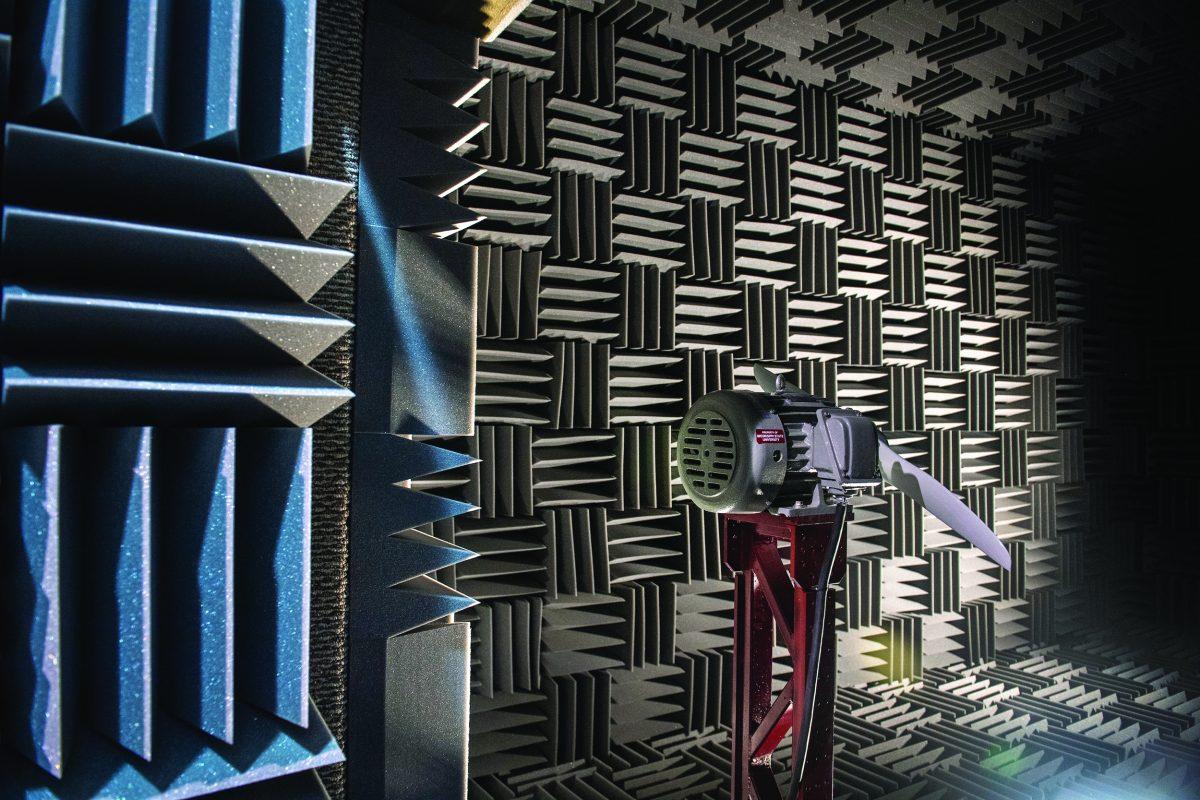 Raspet Flight Lab II’s new anechoic chamber is covered with special foam wedges in order to dull any sound produced, allowing research on quieter drones to be conducted.