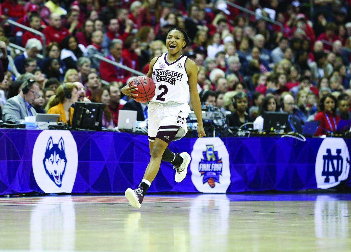 Morgan William celebrates a win for the Mississippi State University Bulldogs against the Louisville Cardinals during the Final Four in 2018.