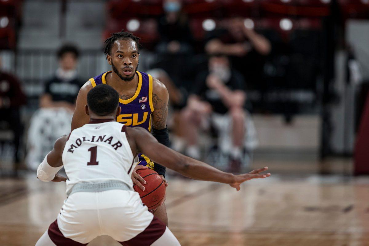 Iverson Molinar, a sophomore guard from Panama City, Panama, defends against Louisiana State University during the match on February 10, where the Bulldogs fell to the Tigers 80-94.