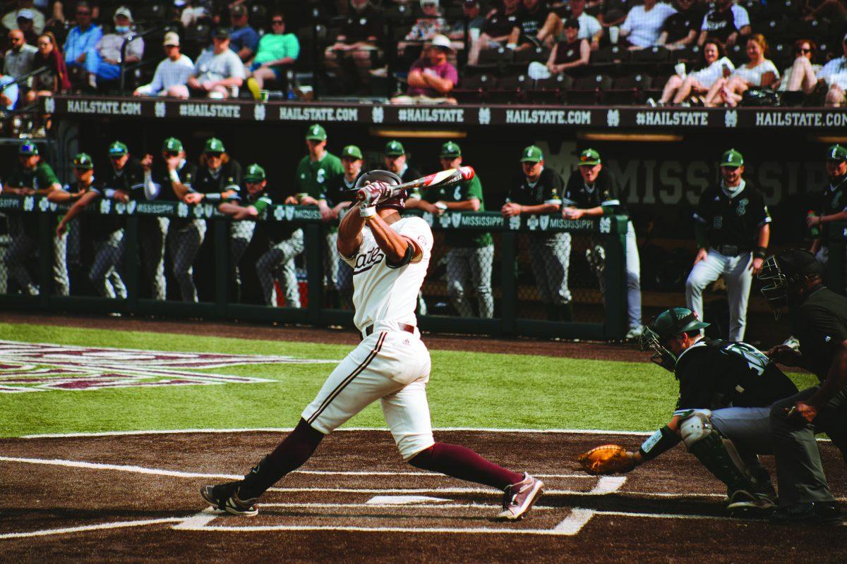 Brad Cumbest, a junior outfielder from Hurley, Mississippi, swings for the Mississippi State University Bulldogs during their matchup this past weekend with Eastern Michigan University, where the Dawgs took a win in each game during the three-day series.