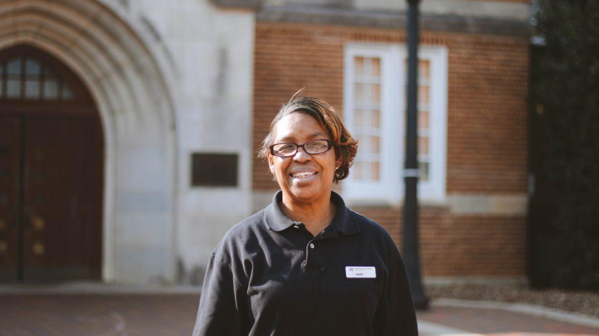 Ms. Annie works as a cafeteria hostess at the Perry cafeteria. Ms. Annie is passionate about her job, and Mississippi State University students look forward to her eager greeting.