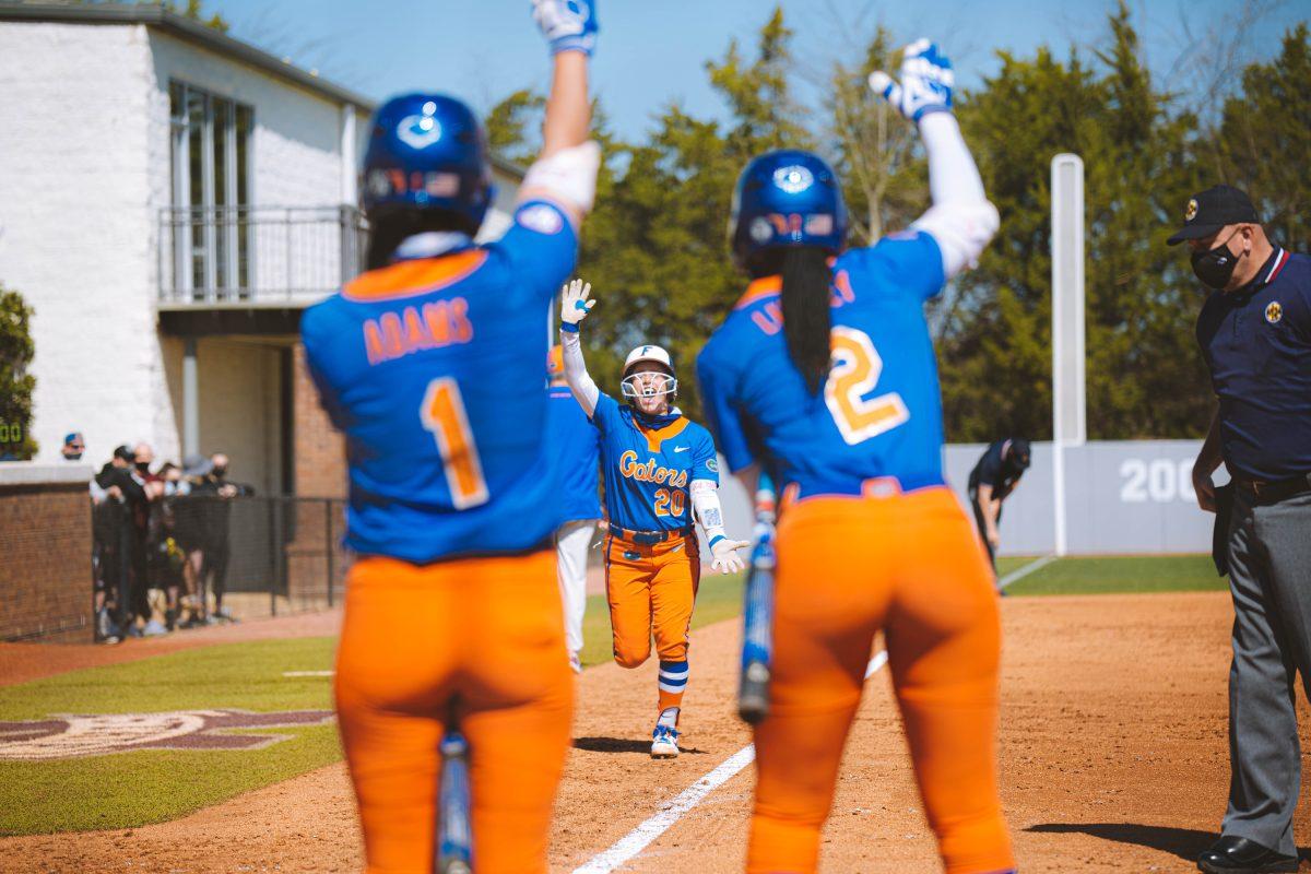 Kinsey Goelz, a redshirt junior and Gator infielder from Myakka City, Florida, rounds third after she blasted a home run against the Bulldogs in this past weekend’s series.