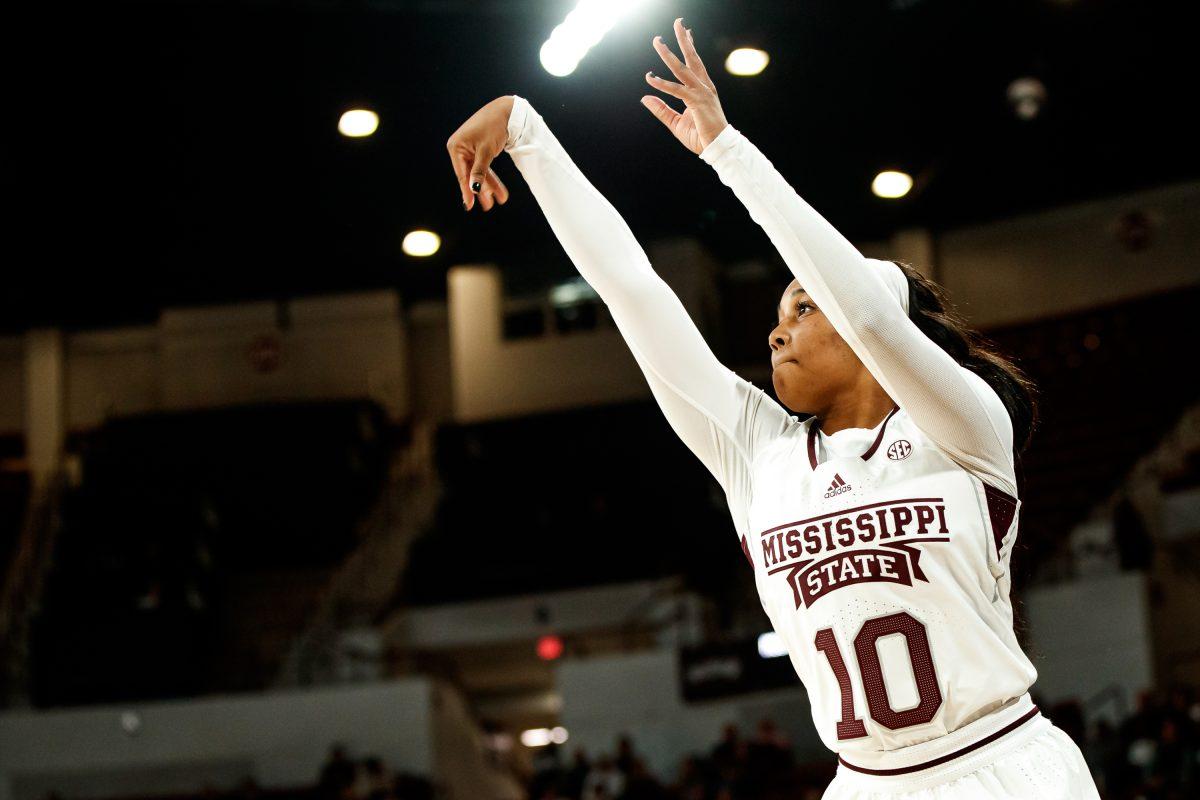 Mississippi State University guard Aislynn Hayes takes a shot during the game against the South Dakota State Jackrabbits.