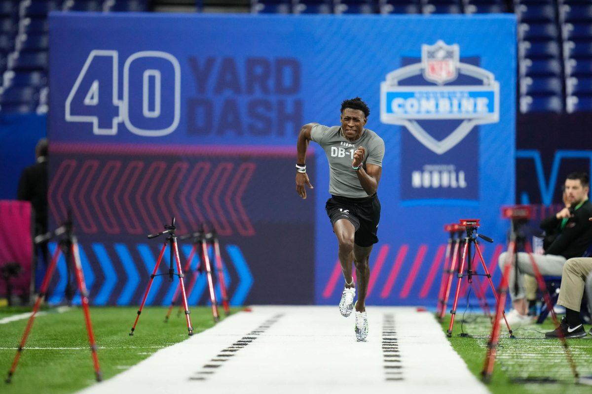 Cornerback Emmanuel Forbes had the third best time in the 40-yard dash at the 2023 NFL Combine