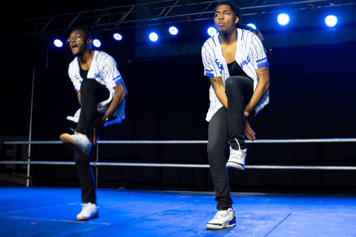 RJ Rutherford and Jacques Ratliff of Phi Beta Sigma fraternity dance in the step show competition.