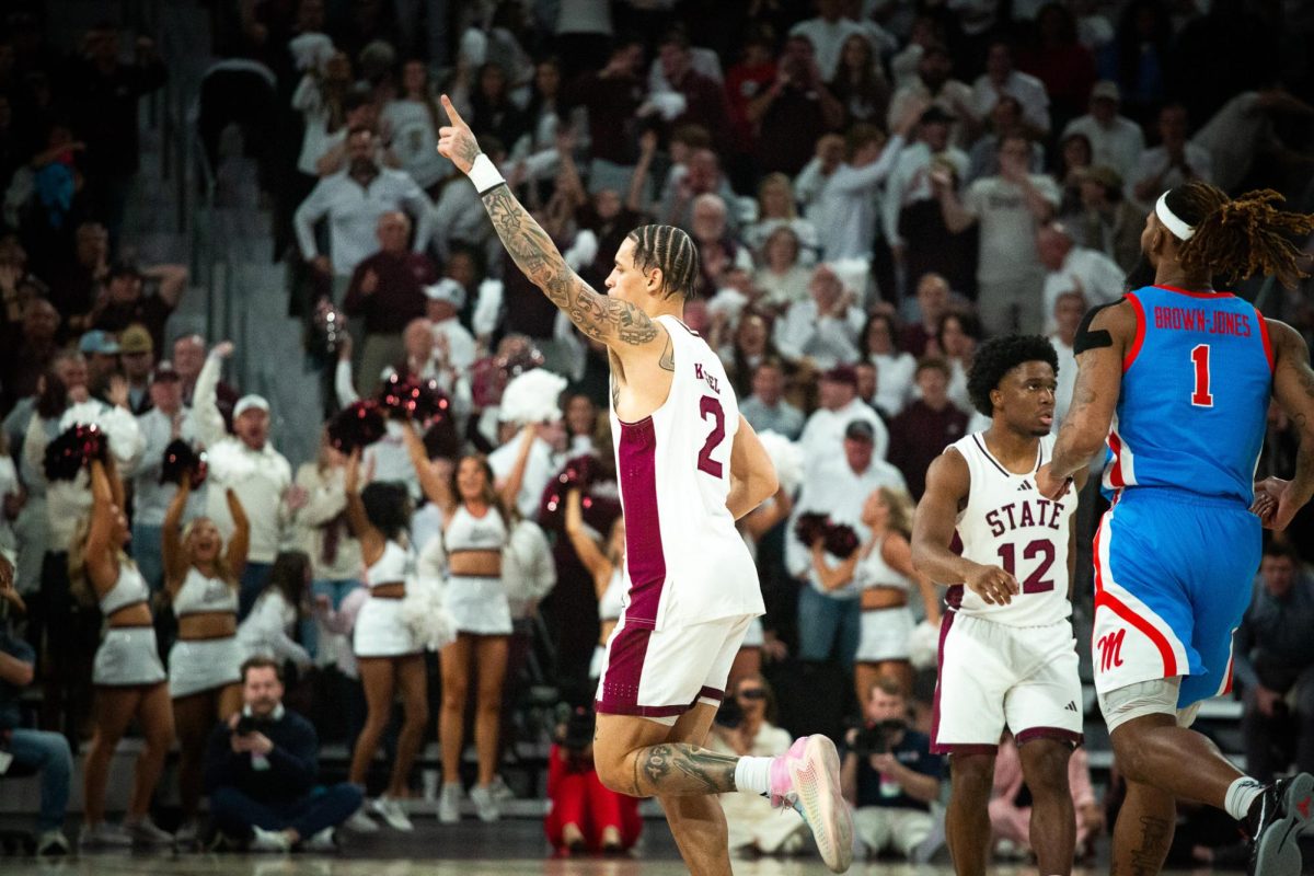 Mississippi State Guard Riley Kugel (#2) celebrates during the game between Ole Miss and Mississippi State on Saturday.