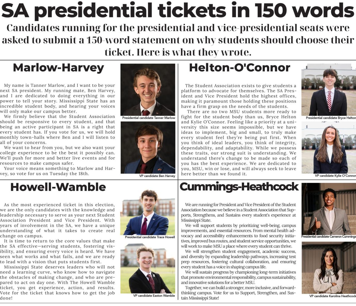 Student Association presidential tickets in 150 words