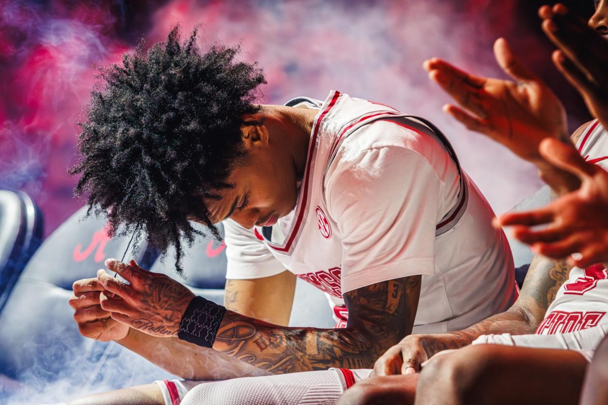 Alabama sophomore guard Aden Holloway gets ready pre-game against Mississippi State on February 25, 2026 where he posted a double-double.  