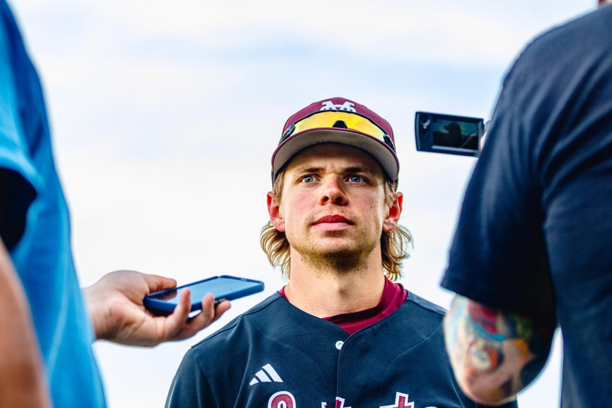 Mississippi State senior outfielder Bryce Chance talks to media members after the 7-4 win against Texas on May 3, 2026.   
