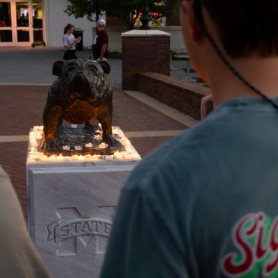 The Bully statue near the Colvard Student Union was covered in candles.