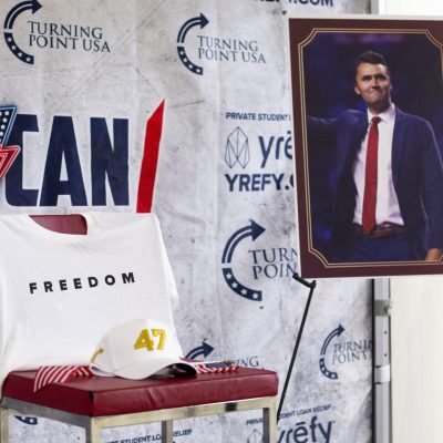 5:08 p.m. - A memorial for Charlie Kirk is set up in the lobby of the Sandy and John Black Pavilion. Kirk, the founder of TPUSA, was originally slated to speak at the event before he was assassinated on Sept. 10 in Utah.