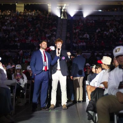 7:56 p.m. - Student Jeffrey Jordan asks a question during Vice President JD Vance's set on Wednesday.