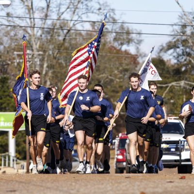 November 22, 2025 - 11:56 AM - The Ole Miss ROTC finishes their leg of the Egg Bowl Run in Calhoun City.