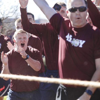 November 22, 2025 - 12:08 PM - Mississippi State ROTC cadets celebrate after winning the tug of war against the Ole Miss ROTC on Saturday.