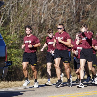November 22, 2025 - 1:27 PM - Mississippi State Army and Air Force ROTC cadets run during the Egg Bowl Run in Calhoun City.