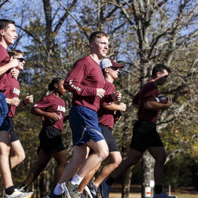 November 22, 2025 - 1:43 PM - Mississippi State Army and Air Force ROTC cadets run during the Egg Bowl Run in Calhoun City.