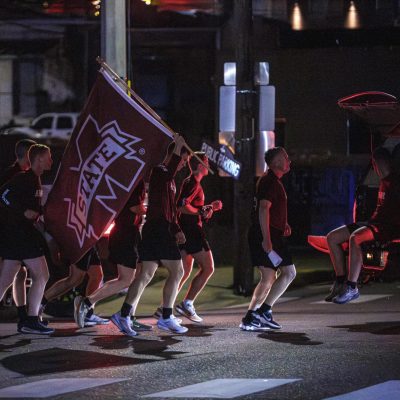 November 22, 2025 - 9:53 PM - Mississippi State Army ROTC and Air Force ROTC run through Starkville in the last leg of the Egg Bowl Run.