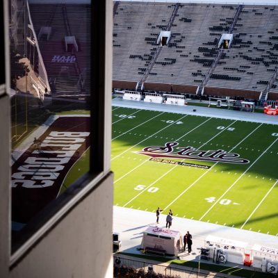 Facebook branding was scattered around Davis Wade Stadium and the fan zone on Friday.